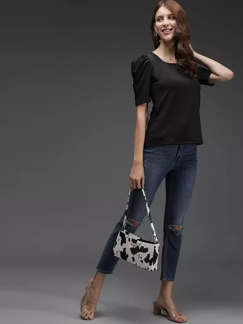 TANDUL  Casual Puff Sleeves Solid Women Black Top