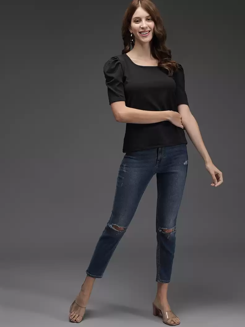 TANDUL  Casual Puff Sleeves Solid Women Black Top