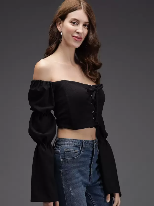 TANDUL  Casual Regular Sleeves Solid Women Black Top