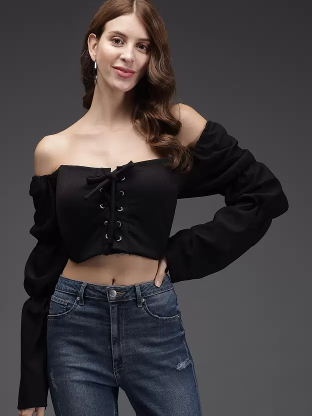 TANDUL  Casual Regular Sleeves Solid Women Black Top