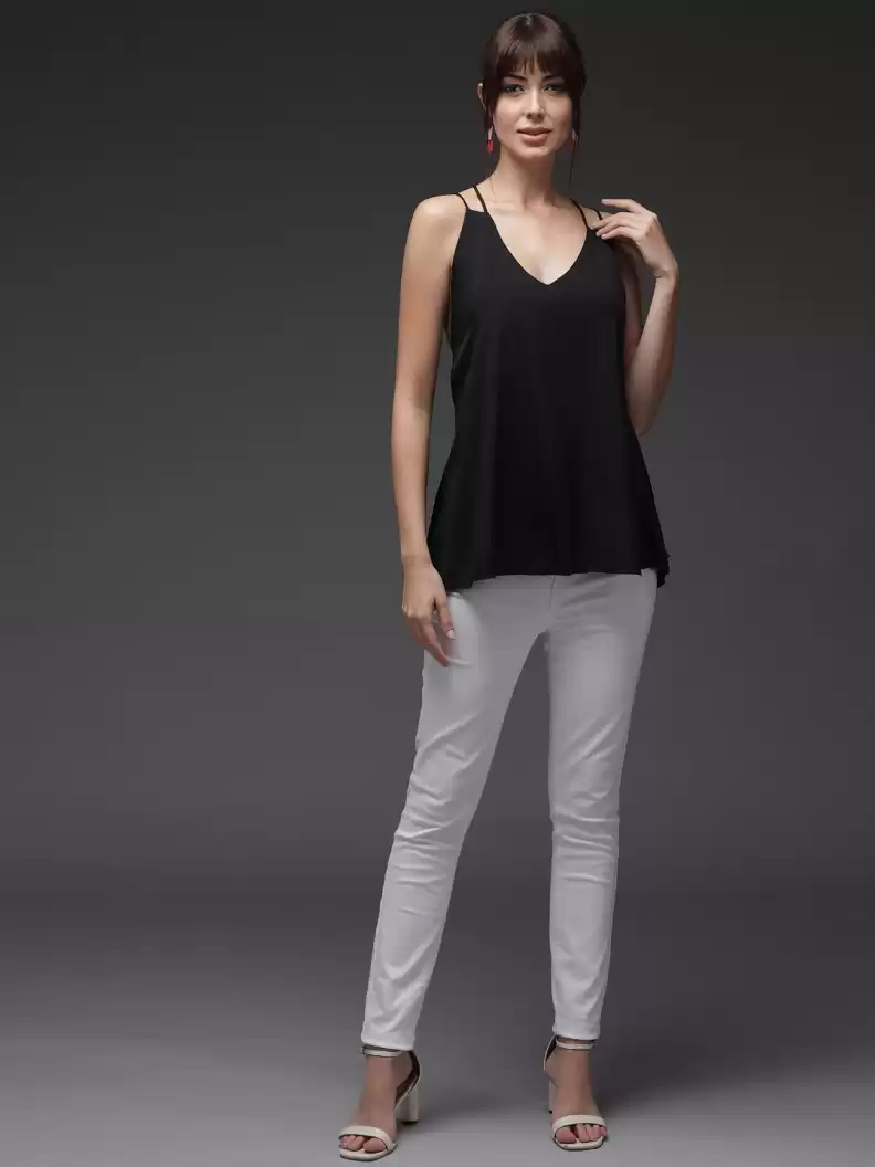 TANDUL  Casual Sleeveless Solid Women Black Top