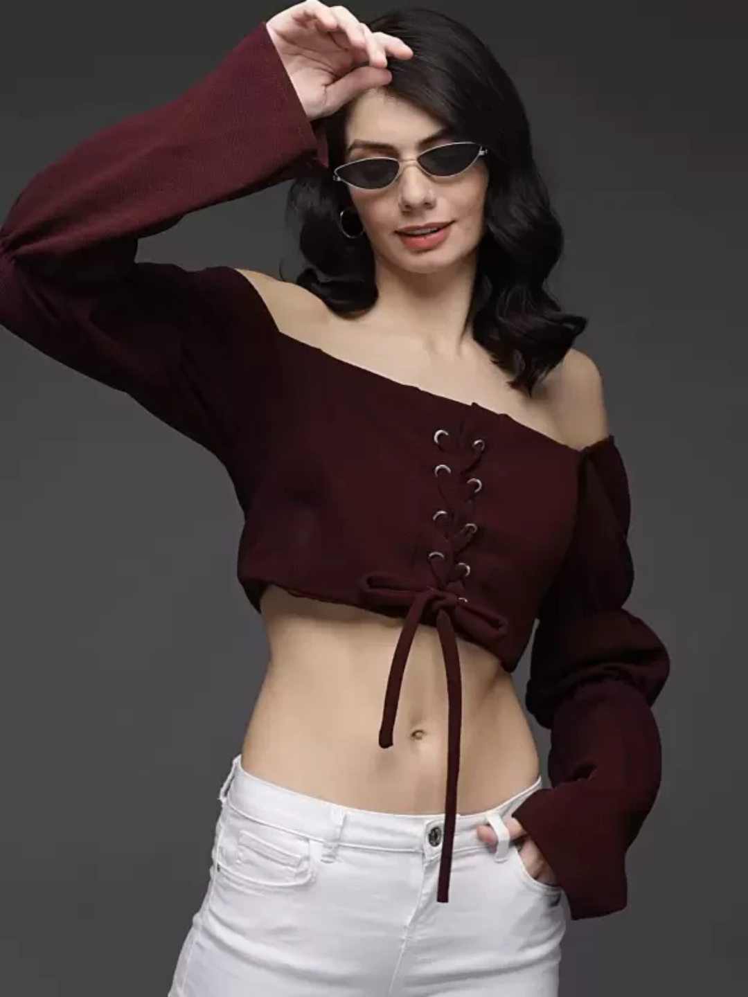 TANDUL  Casual Flared Sleeves Solid Women Maroon Top