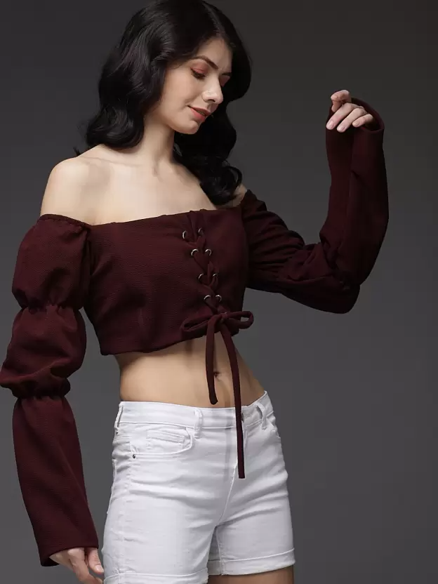 TANDUL  Casual Flared Sleeves Solid Women Maroon Top