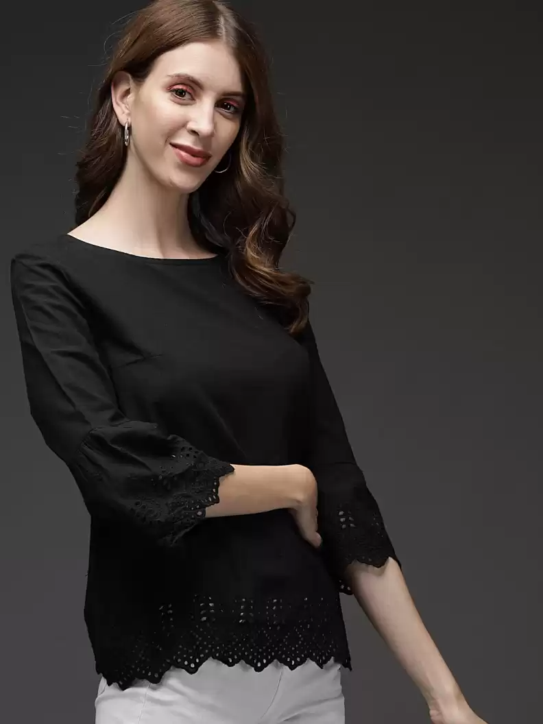 TANDUL  Casual Bell Sleeves Solid Women Black Top