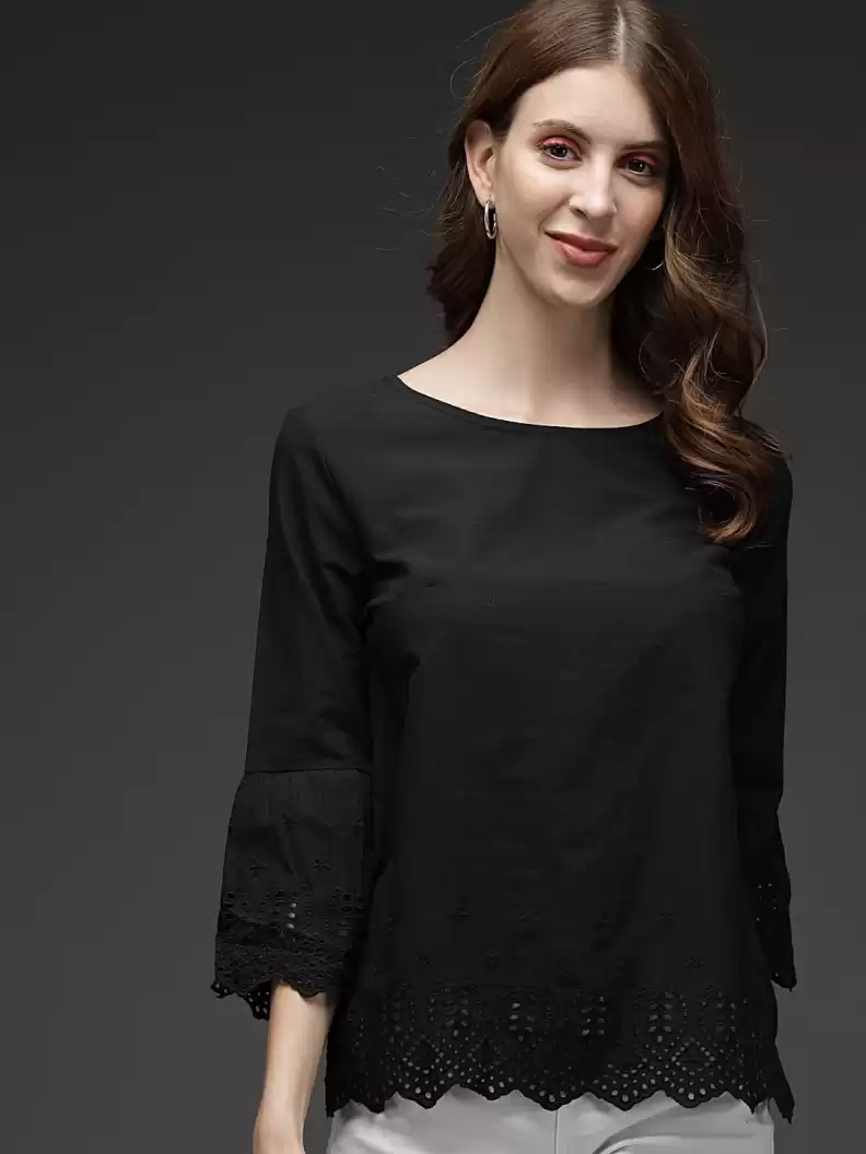 TANDUL  Casual Bell Sleeves Solid Women Black Top