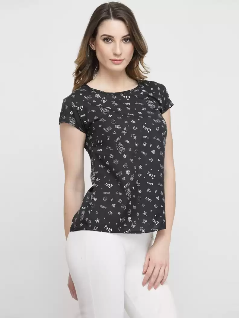 TANDUL  Casual Regular Sleeves Printed Women White, Black Top