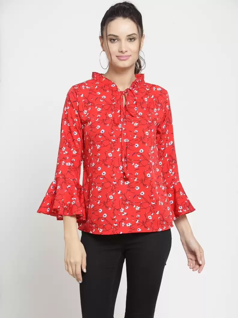 TANDUL  Casual Bell Sleeves Printed Women Red, White Top