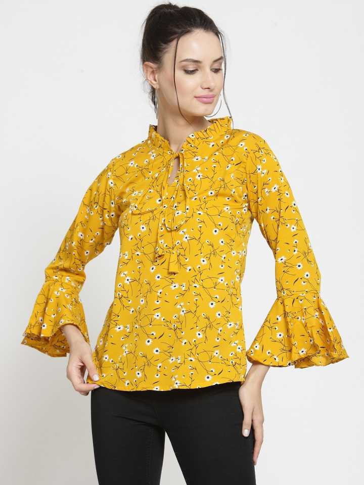 Casual Bell Sleeves Printed Women Yellow Top