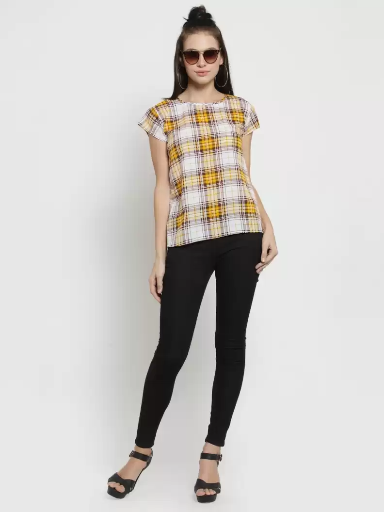 TANDUL  Casual Cap Sleeves Checkered Women Multicolor Top