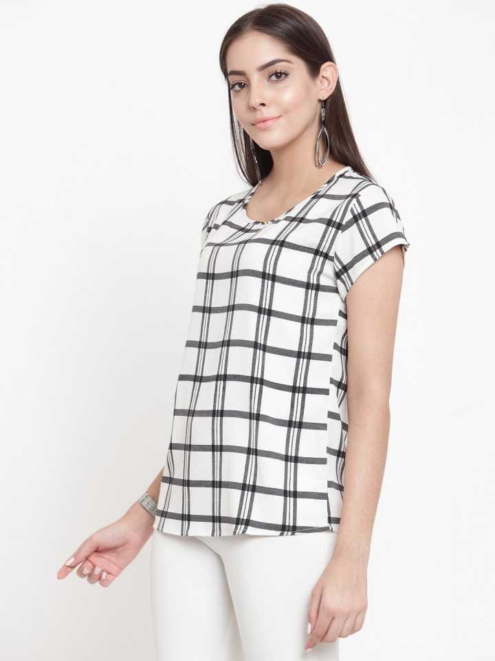 TANDUL  Casual Cap Sleeves Checkered Women White Top