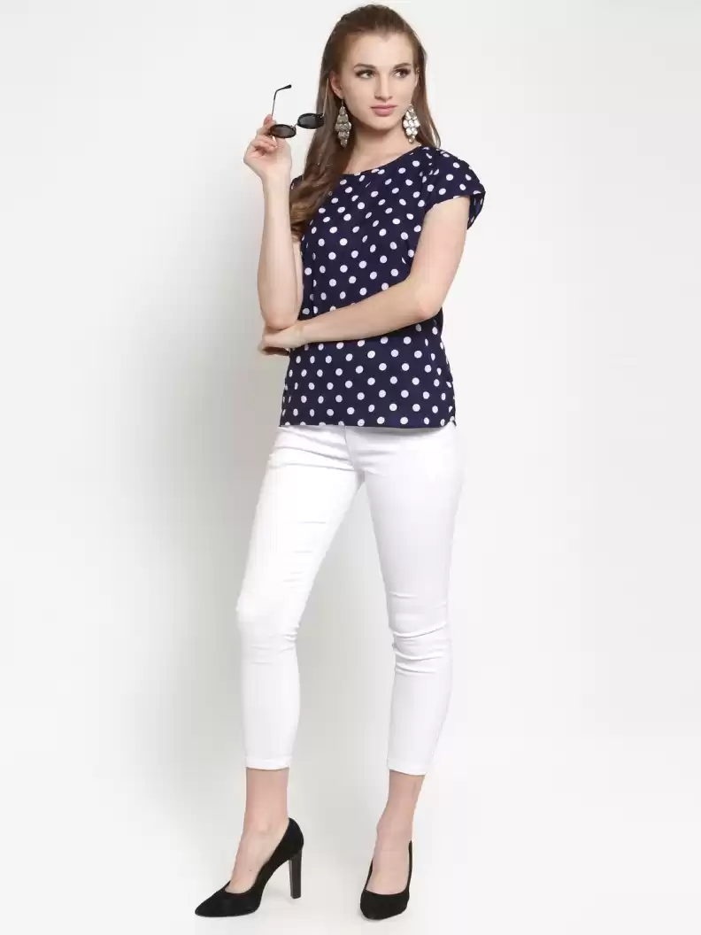 TANDUL  Casual Cap Sleeves Polka Print Women Blue Top