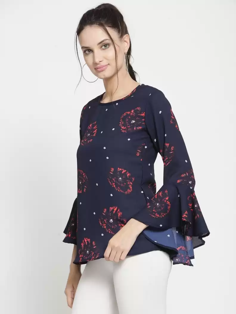 Casual Bell Sleeves Printed Women Multicolor Top