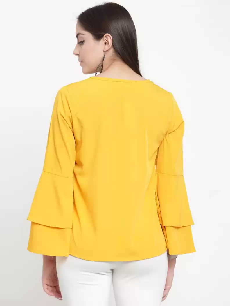 TANDUL  Casual Bell Sleeves Solid Women Yellow Top