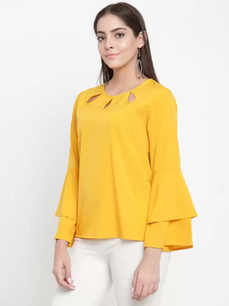 TANDUL  Casual Bell Sleeves Solid Women Yellow Top