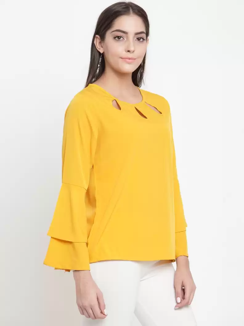 TANDUL  Casual Bell Sleeves Solid Women Yellow Top