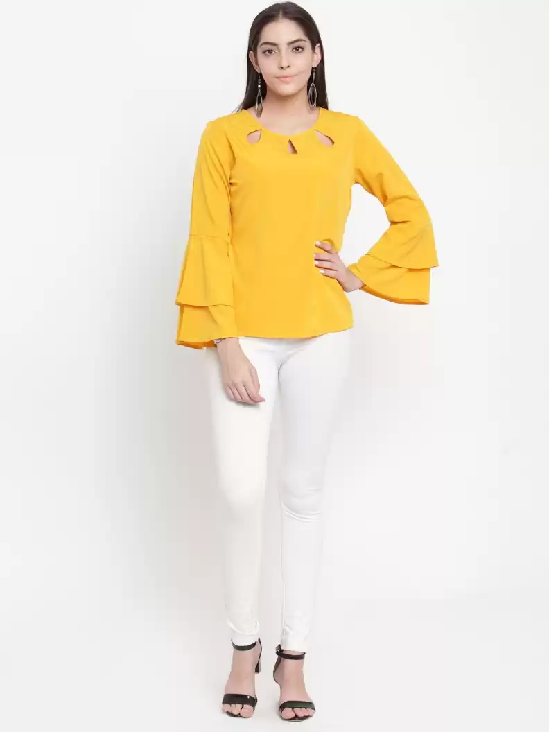 TANDUL  Casual Bell Sleeves Solid Women Yellow Top